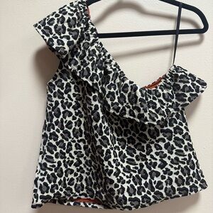 Eri + Ali Anthropologie One-Shoulder Ruffle Leopard Top Large